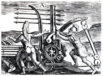 Soldados romanos usando um motor de guerra disparando várias flechas, 1605 de Unbekannt
