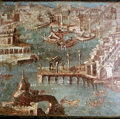 Pintura de parede romana de uma cena do porto, Stabiae, perto de Pompeia, Itália de Unbekannt
