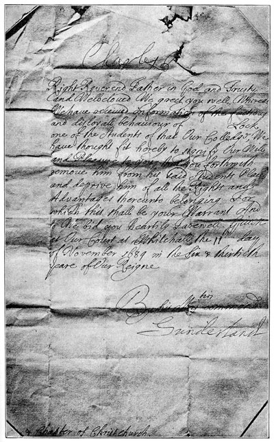 Mandato real para apagar o nome de Locke dos estudantes da Igreja de Cristo, Oxford, 1684, 1894 de Unbekannt
