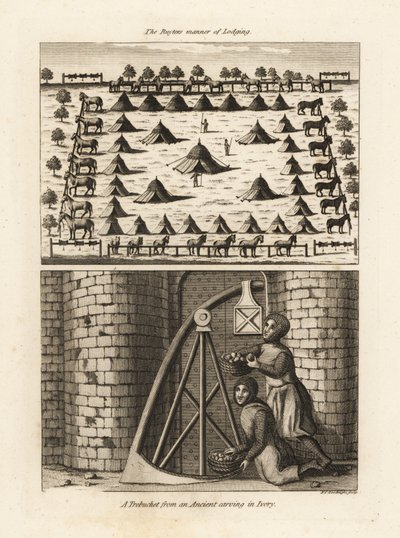 Acampamento de cavalaria Ruyters e um trebuchet de um antigo entalhe em marfim de Unbekannt