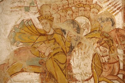 Pintura da abadia de Saint-Savin: reis atacados por Abraão e seus seguidores, Saint-Savin-sur-Gartempe, França de Unbekannt