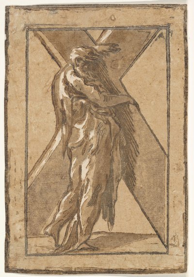 Santo André em pé de perfil, segurando uma grande cruz de uma série de Doze Apo ..., ca. 1540-50. de Unbekannt