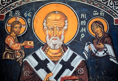 São Nicolau rodeia Cristo e Maria Afresco bizantino do século XIV (1332) Nathex, muro sul Igreja da Virgem Phorbiotissa, sítio Asinou Unesco região de Troodos, Chipre de Unbekannt