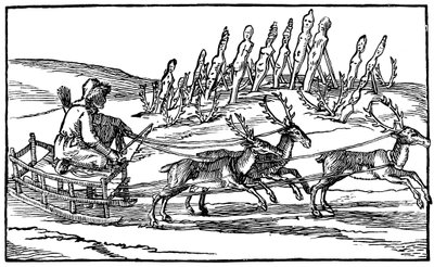 Samoiedo viajando em um trenó puxado por renas, do final do século XVI ao início do século XVII de Unbekannt