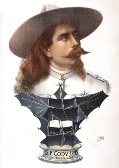 Samuel Franklin Cody e o seu "papagaio levantador de homens" (cerf-volant), c 1904 de Unbekannt