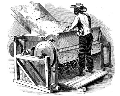 Saw gin para limpeza de algodão sendo operado por trabalhador descalço preto, sul dos EUA, 1865 de Unbekannt