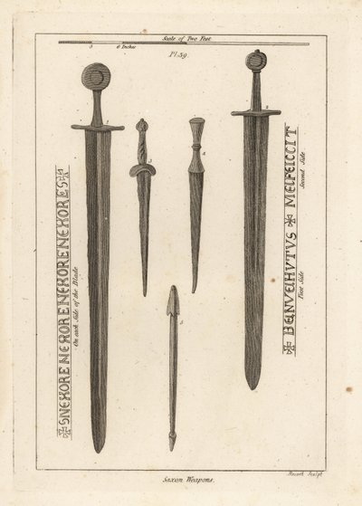 Armas saxônicas: antiga espada de ferro 1,2, e dirks e daggers 3,4 encontrados no rio Wytham, Lincolnshire, e um parafuso de besta encontrado no acampamento em Danbury, Essex 5 de Unbekannt