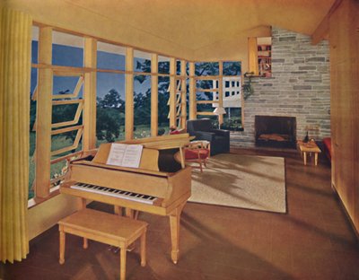 Maquete de uma grande sala de estar de 6 metros de comprimento em uma casa moderna, projetada por Edward D. Stone, de Unbekannt