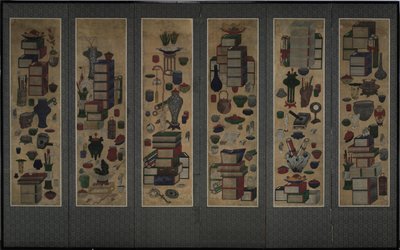 Livros de estudiosos e utensílios Chaekkori. Biombo dobrável de seis seções, meados do século XIX. de Unbekannt