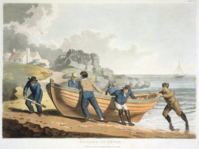 Marinheiros que transportam um bote construído em clínquer na praia, 1821 de Unbekannt