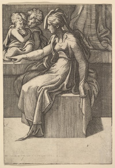 Mulher sentada com dois filhos, século XVI. de Unbekannt