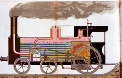 Vista secional de uma locomotiva ferroviária a vapor de meados do século XIX, 1882 de Unbekannt