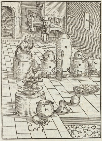 Separação de minérios de ouro e mercúrio - Gravura da descrição dos minérios e principais métodos de mineração, por Lazarus Ecker de Unbekannt