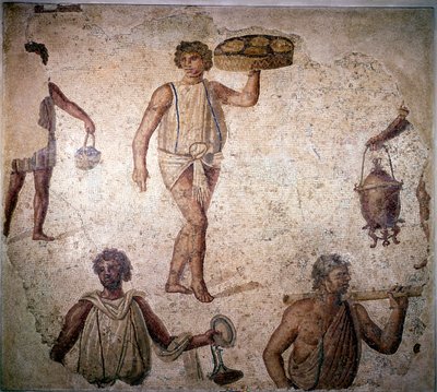 Servos ou escravos fazendo preparativos para uma festa, mosaico, Cartago, século II de Unbekannt