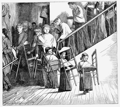 Comunidade Shaker indo jantar, cada uma carregando sua própria cadeira Shaker, Estado de Nova York, 1870 de Unbekannt