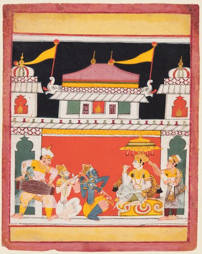 Shri Raga, de uma série Ragamala, Três músicos se apresentam diante de um nobre, c. 1650 de Unbekannt