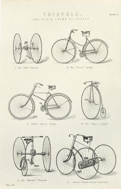 Seis formas antigas de bicicletas e triciclos, século XIX de Unbekannt