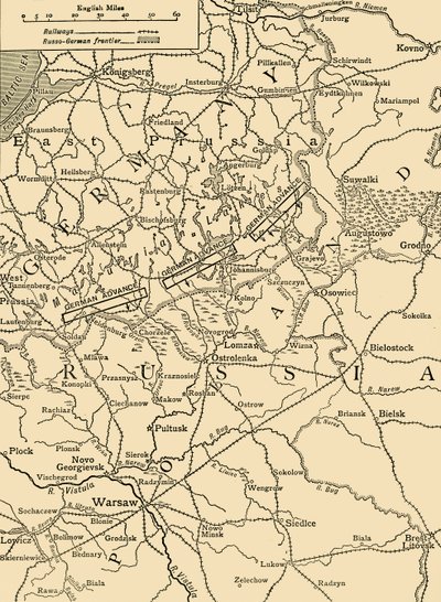 Esboce o mapa para ilustrar o ataque alemão ao norte de Varsóvia em fevereiro de 1915, c1920. de Unbekannt