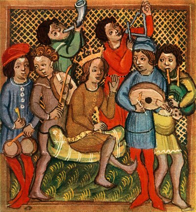 Bateria, violino, buzina, alaúde triangular e gaita de foles, Bíblia de Olomouc, 1417, 1948 de Unbekannt