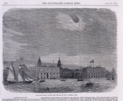Eclipse solar visto sobre o Observatório Real, Greenwich, 1858 de Unbekannt