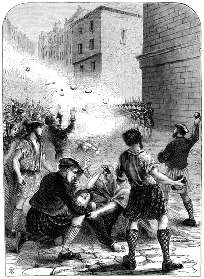 Soldados atirando contra manifestantes durante a insurreição em Glasgow, 1706, século XIX de Unbekannt