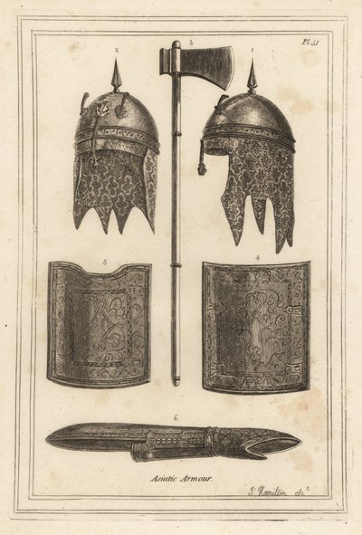 Capacete de Souja Dowla com capuz de malha 2,3, machado de batalha 1, peitoral e peça traseira 4,5, e armadura 6 de Unbekannt
