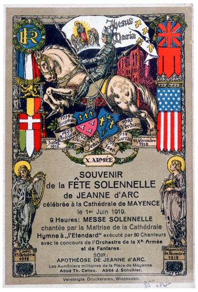 Lembrança de um festival para homenagear Joana d&39;Arc, realizado na Catedral de Mainz, Alemanha, 1919 de Unbekannt