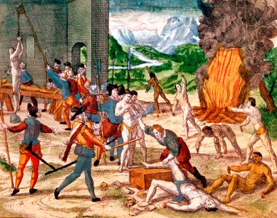 Conquistadores espanhóis torturando índios americanos, 1539-1542 de Unbekannt