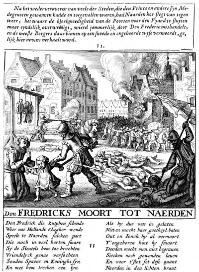 Tropas espanholas incendiando edifícios e massacrando durante o domínio espanhol na Holanda, 1567-73 de Unbekannt