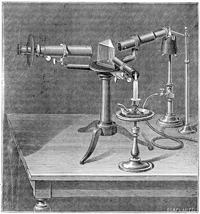 Aparelho espectroscópico usado por Robert Wilhelm Bunsen e Gustav Robert Kirchhoff, c1895 de Unbekannt