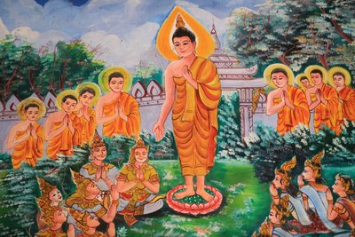 A espalhar o Dharma. A vida de Buda. Obras de arte de tecto retratando a vida de Buda. Wat Inpeng. Vienciana. Laos, 20151029, Vientiane, Laos de Unbekannt
