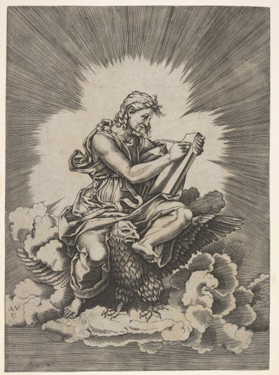 São João, sentado e segurando um instrumento de escrita em uma tábua, uma águia de fora ..., depois de 1518. de Unbekannt