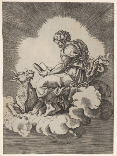 São Lucas, sentado em uma nuvem com um livro aberto em ambas as mãos, um touro deitado a seus pés..., depois de 1518. de Unbekannt