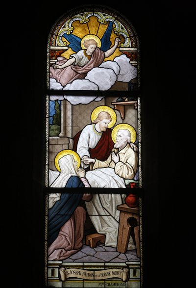 Vidro manchado na igreja católica de Notre Dame du Rosaire: São José, santo padroeiro da morte, Saint-Ouen, França de Unbekannt