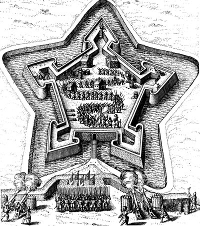 Star Fort defendido por um fosso sob cerco, 1617-1619 de Unbekannt