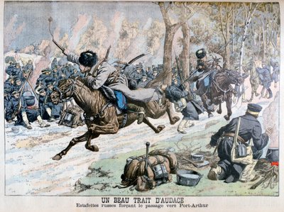 Surpresa de ataque da cavalaria russa no caminho para Port Arthur, Guerra Russo-Japonesa, 1904 de Unbekannt