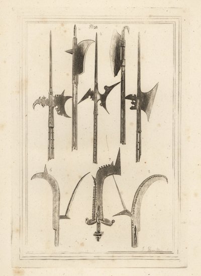 Lâmina de espada halberd 1,3,5, bico castanho 2, eixo Lochaber 4, bico antigo 6, bico com sinos pequenos 7, e bico encontrado em Battefield, Shrewsbury 8 de Unbekannt