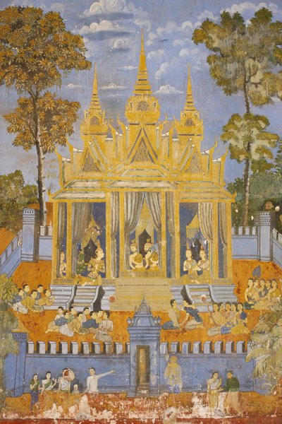 Sylver Pagoda Este mural retrata cenas do Reamker que é o cambojano, ou Khmer, versão do clássico poema hindu Ramayana, Phnom Penh, Camboja. de Unbekannt