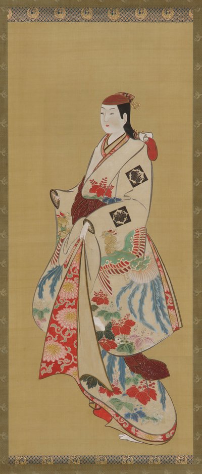 Garota alta, vestido estampado com pássaros ho-o e flores kiri, período Edo, 1615-1868. de Unbekannt