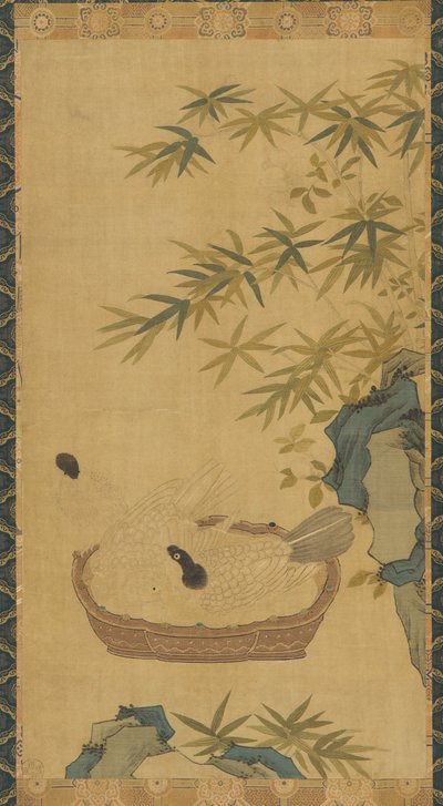 Tapeçaria: pombas tomando banho em tigela, pedras e bambus, Possivelmente dinastia Ming, 1368-1644. de Unbekannt