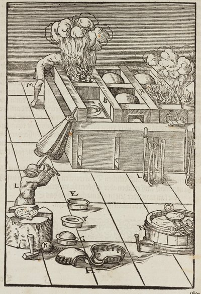 Técnica e instrumentos para o aquecimento do minério de prata - Gravura a partir de Description des minerais et des principales methodes d