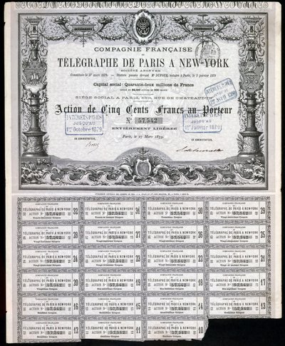 Telegrafia, General Paris-Nova Iorque Telegraph Share Certificate, 27 de Março de 1879 de Unbekannt