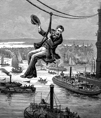 Testando os cabos na ponte de Brooklyn, c1900 de Unbekannt