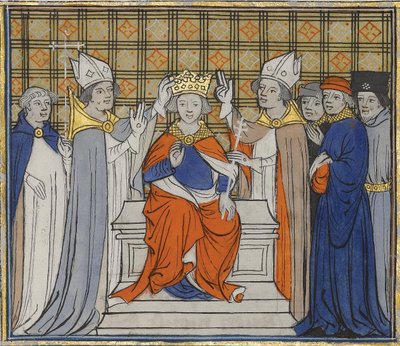 A Unção e Coroação de Luís IV em Laon, 19 de junho de 936. De Grandes Chroniques de France, 15 de Unbekannt