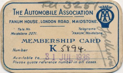 The Automobile Association: Cartão de sócio, 1936 de Unbekannt