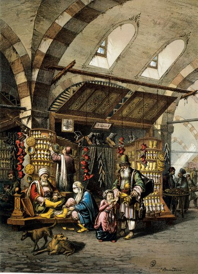 O Bazar (souk) de Constantinopla, litografia a cores de Unbekannt
