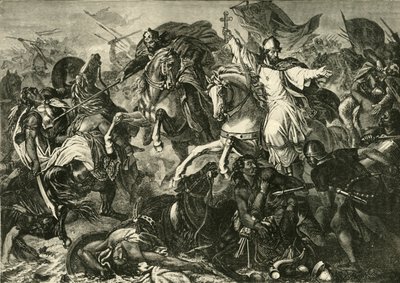O Bispo de Ratisbona na Batalha de Augsburgo, Batalha de Lechfeld 955, 1890. de Unbekannt