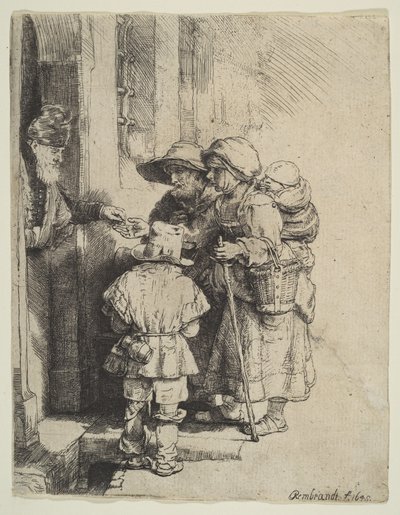 O jogador cego Hurdy-Gurdy e a família que recebe esmolas, 1648. de Unbekannt