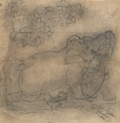 O Rei Elefante Luta com um Crocodilo: Ilustração de uma série Gajendramoksha, no final do século XIX. de Unbekannt