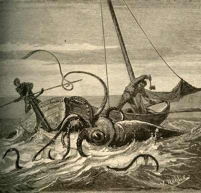 A batalha dos pescadores com a lula gigante, 1881. de Unbekannt